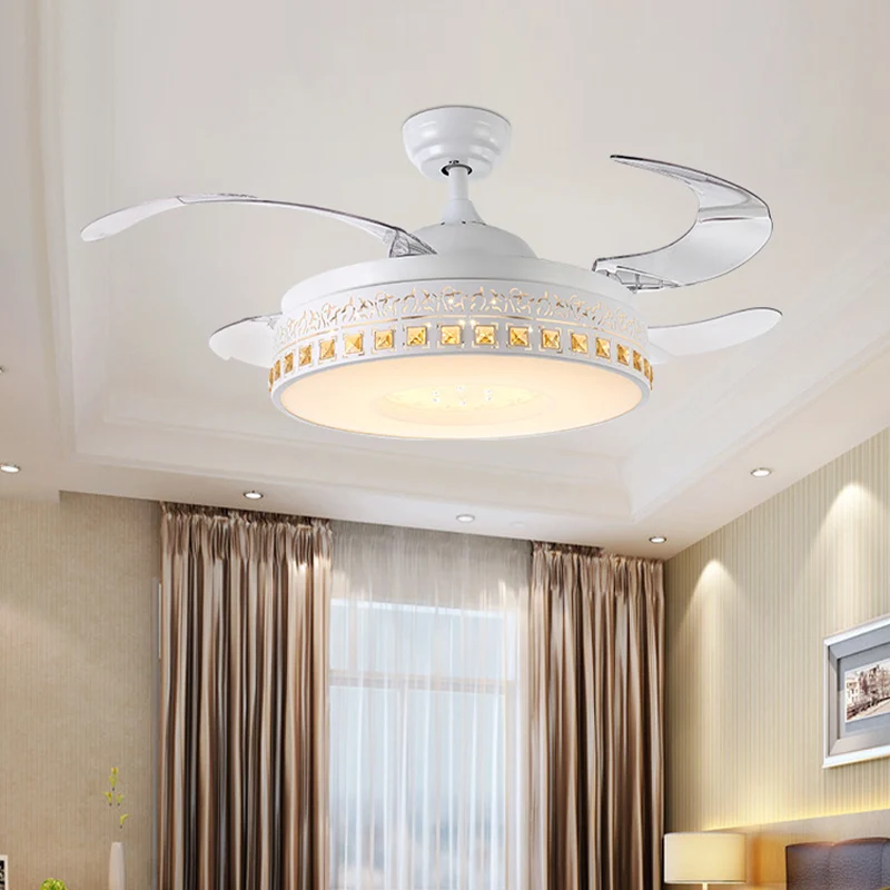 42" de largeur LED cristal semi-encastré simplicité anneau blanc salle à manger ventilateur suspendu avec 4 lames transpar...