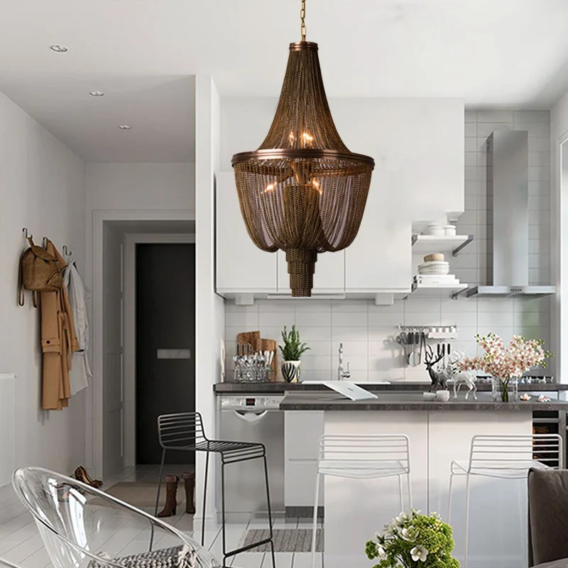 Lodge Chain Fringe Lustre Lampe 6 Lumières Métallique Suspension Kit en Marron pour Salon Clearhalo