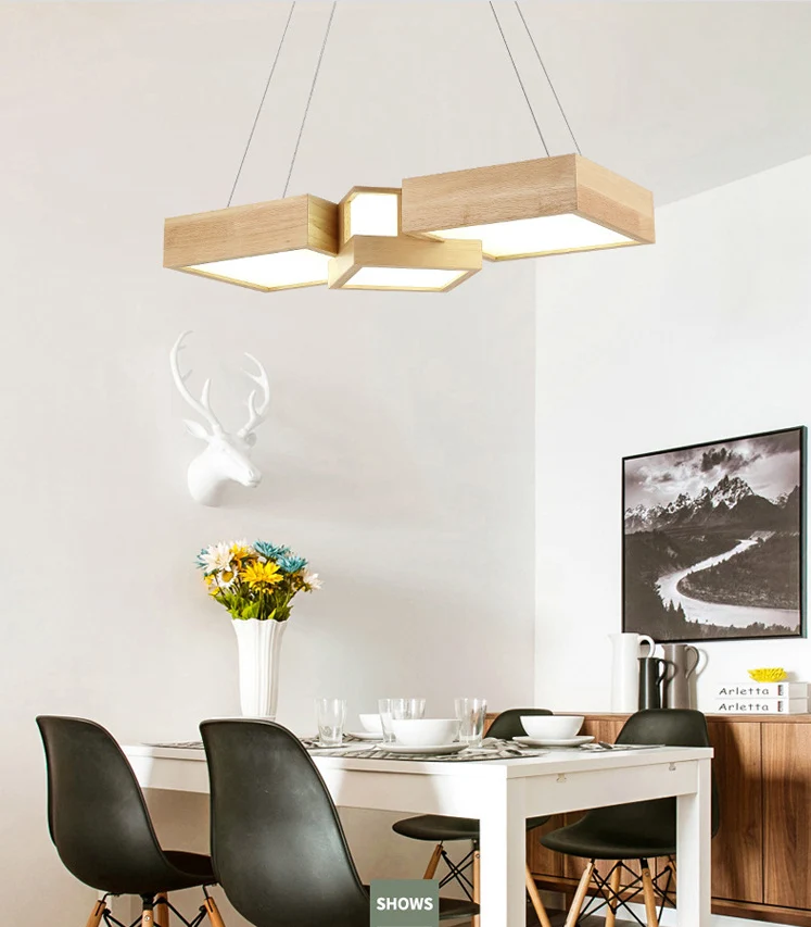 Luminaire d'île carré en bois, plafonnier suspendu en bois à LED de Style moderne Clearhalo