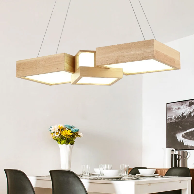 Luminaire d'île carré en bois, plafonnier suspendu en bois à LED de Style moderne Clearhalo