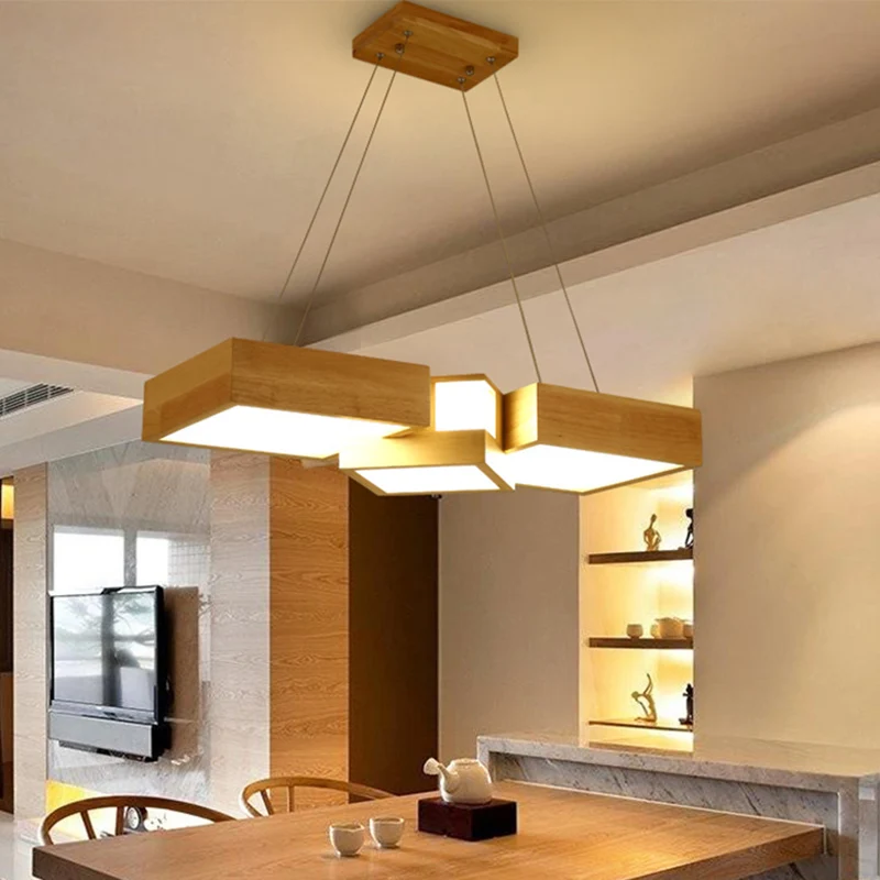 Luminaire d'île carré en bois, plafonnier suspendu en bois à LED de Style moderne Clearhalo