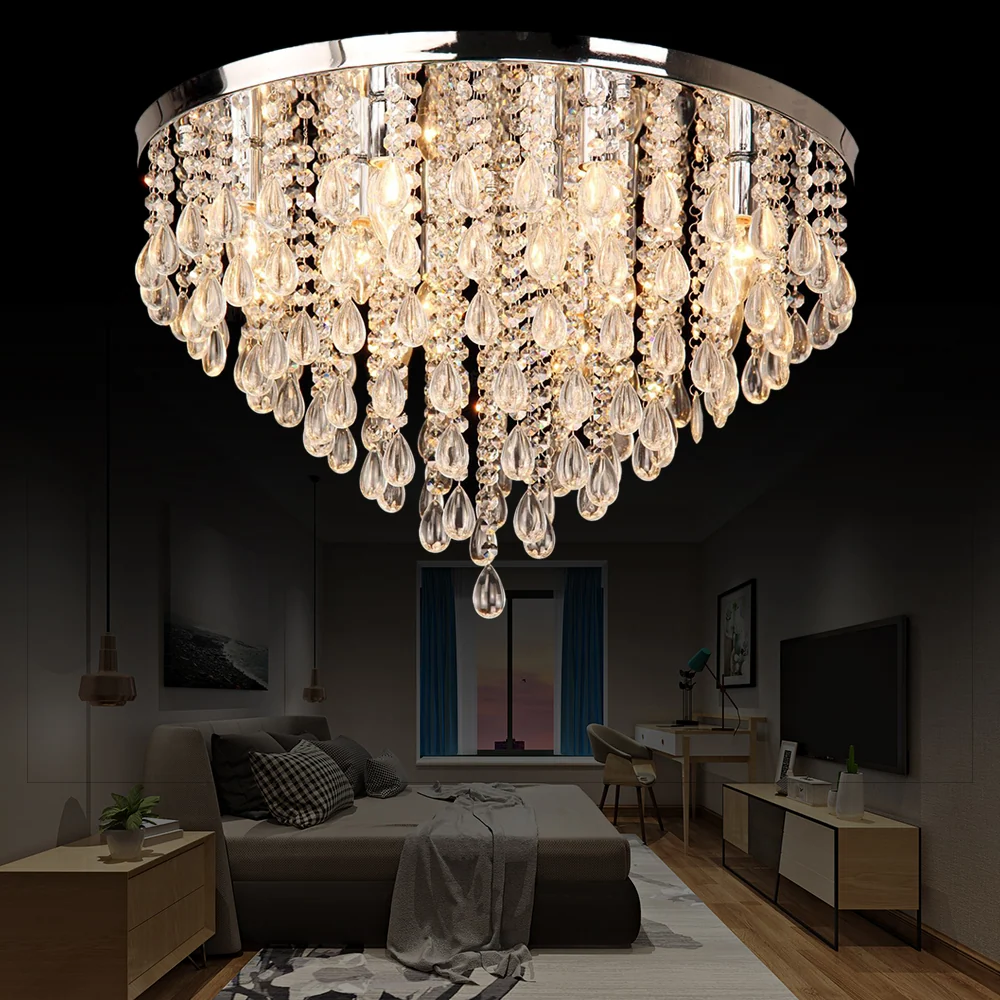 Luminaire encastré en cristal de 10 / 12 po de largeur avec abat-jour circulaire, plafonnier multi-têtes vintage en transp...