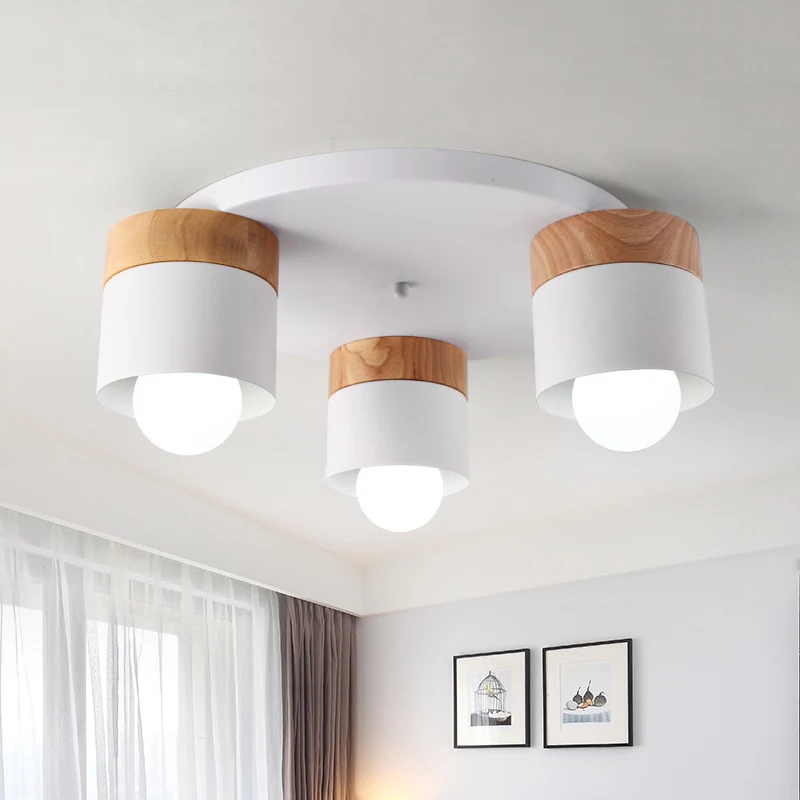 Luminaire encastré à cylindre en fer, style nordique moderne, 3 ampoules, plafond blanc avec dessus en bois pour chambre à...