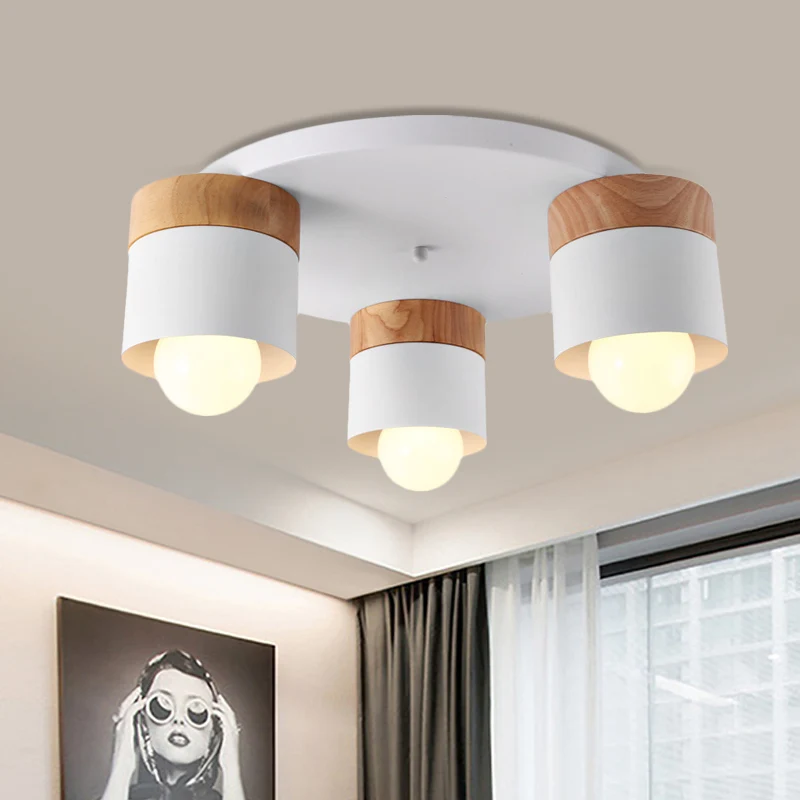 Luminaire encastré à cylindre en fer, style nordique moderne, 3 ampoules, plafond blanc avec dessus en bois pour chambre à...