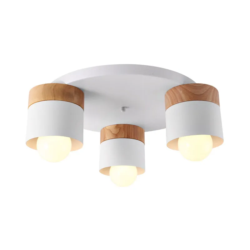 Luminaire encastré à cylindre en fer, style nordique moderne, 3 ampoules, plafond blanc avec dessus en bois pour chambre à...