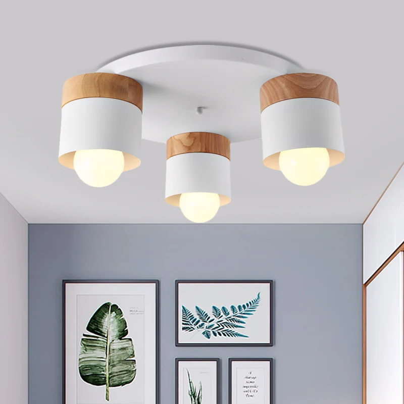 Luminaire encastré à cylindre en fer, style nordique moderne, 3 ampoules, plafond blanc avec dessus en bois pour chambre à...