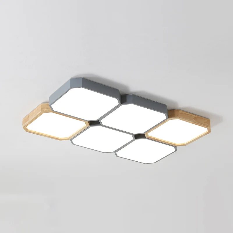 Luminaire encastré LED à carreaux plafonnier nordique en métal gris et bois pour salon Clearhalo