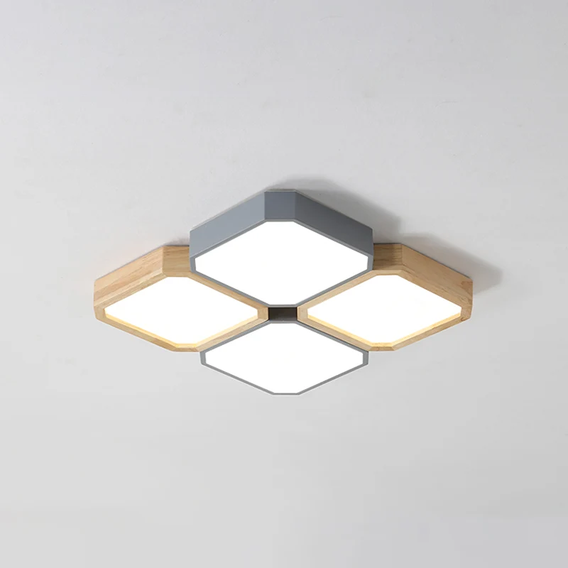 Luminaire encastré LED à carreaux plafonnier nordique en métal gris et bois pour salon Clearhalo