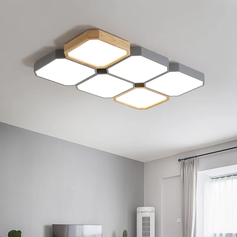 Luminaire encastré LED à carreaux plafonnier nordique en métal gris et bois pour salon Clearhalo