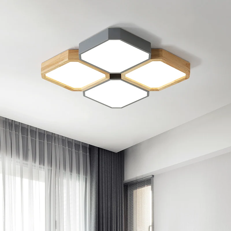 Luminaire encastré LED à carreaux plafonnier nordique en métal gris et bois pour salon Clearhalo