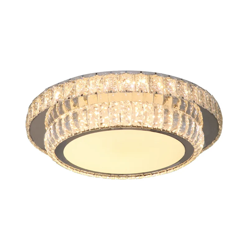 Luminaire LED contemporain à 2 niveaux circulaires transparents avec cristaux taillés rectangulaires, montage encastré en...