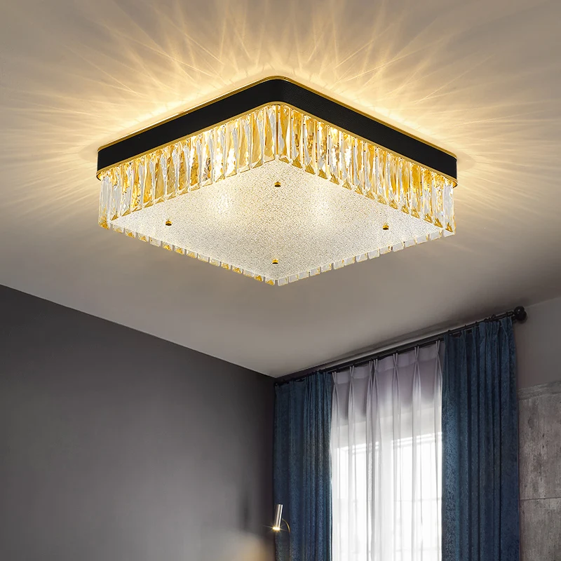 Luminaire LED moderne à montage encastré carré en cristal clair, proche du plafond, en noir, pour salon Clearhalo