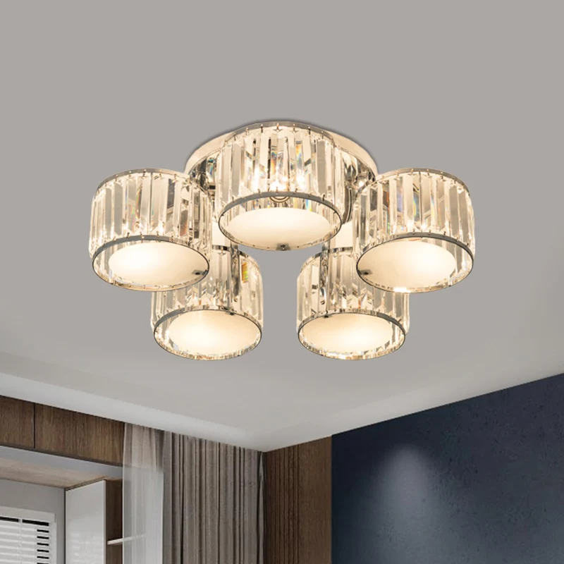 Luminaire moderne monté au plafond avec abat-jour à tambour, 5/6 têtes, lampe encastrée en cristal transparent pour le sal...