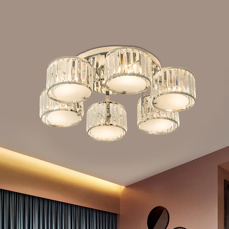 Luminaire moderne monté au plafond avec abat-jour à tambour, 5/6 têtes, lampe encastrée en cristal transparent pour le sal...