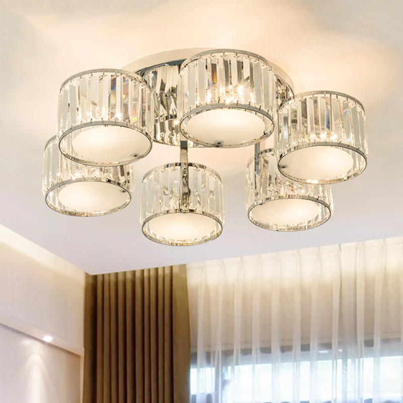 Luminaire moderne monté au plafond avec abat-jour à tambour, 5/6 têtes, lampe encastrée en cristal transparent pour le sal...