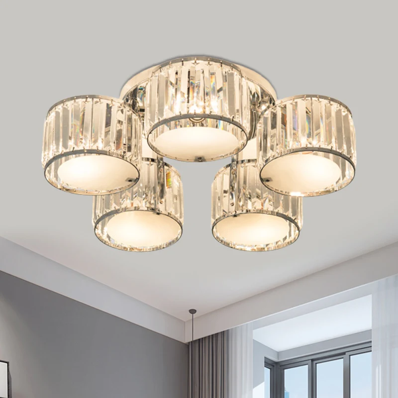 Luminaire moderne monté au plafond avec abat-jour à tambour, 5/6 têtes, lampe encastrée en cristal transparent pour le sal...