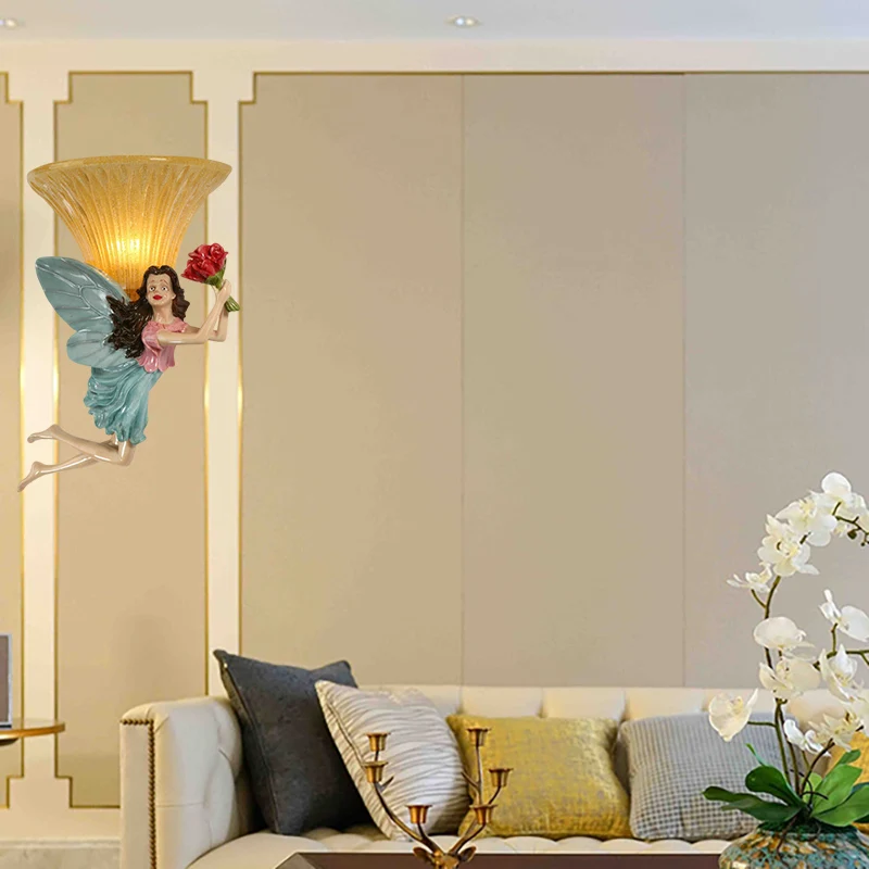 Luminaire mural féerique de Style rétro, 1 tête en résine bleu/or, applique avec abat-jour en verre ambré Clearhalo
