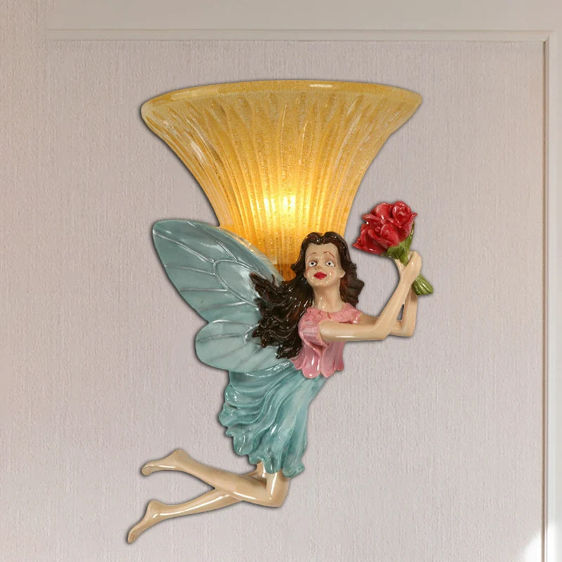 Luminaire mural féerique de Style rétro, 1 tête en résine bleu/or, applique avec abat-jour en verre ambré Clearhalo