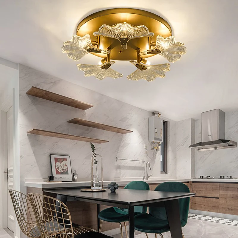 Luminaire de plafond à 5 ampoules en laiton et verre transparent Tradition à encastrer pour salle à manger Clearhalo