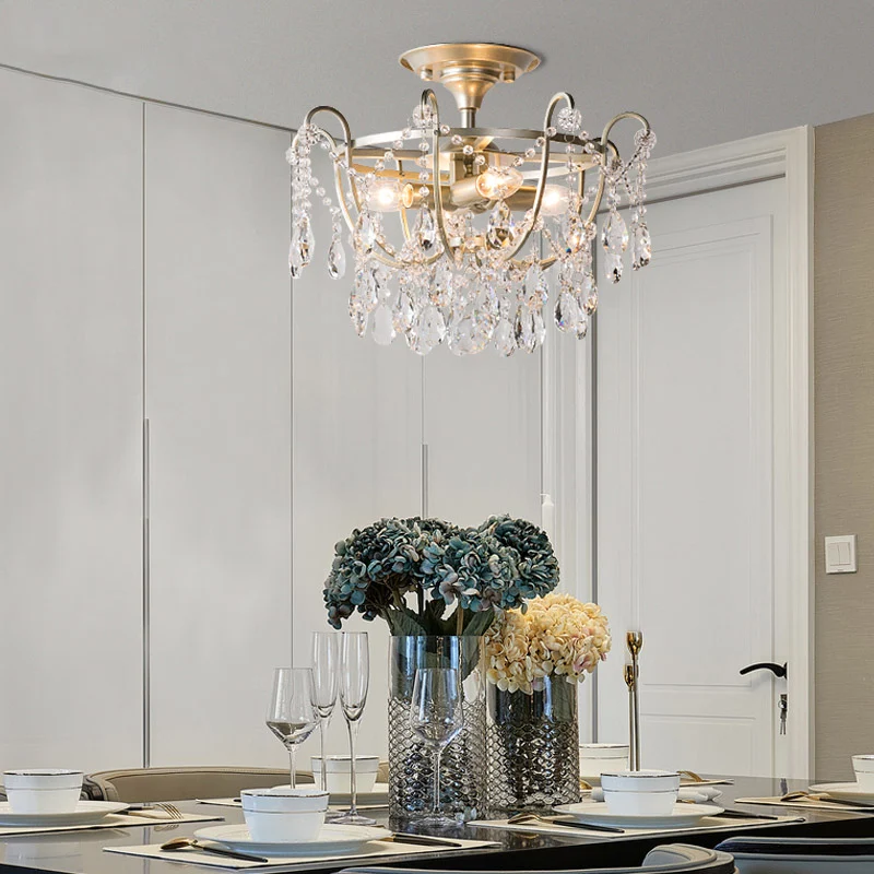 Luminaire de plafond en laiton à 4 ampoules en cristal biseauté traditionnel semi-affleurant à gouttelettes Clearhalo