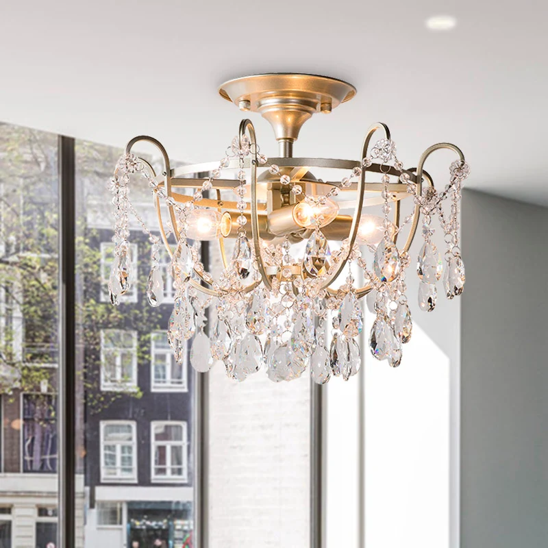 Luminaire de plafond en laiton à 4 ampoules en cristal biseauté traditionnel semi-affleurant à gouttelettes Clearhalo