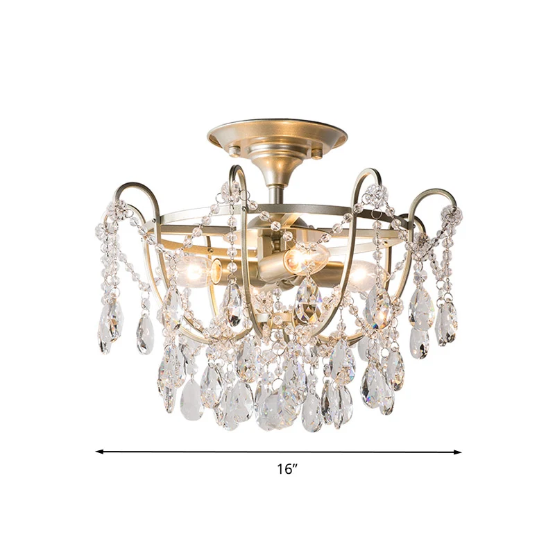Luminaire de plafond en laiton à 4 ampoules en cristal biseauté traditionnel semi-affleurant à gouttelettes Clearhalo