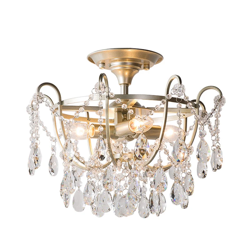 Luminaire de plafond en laiton à 4 ampoules en cristal biseauté traditionnel semi-affleurant à gouttelettes Clearhalo
