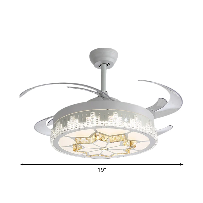 Luminaire rond nordique semi-encastré à 4 pales en cristal pour salon, lampe à ventilateur suspendue à LED en blanc, 19" d...