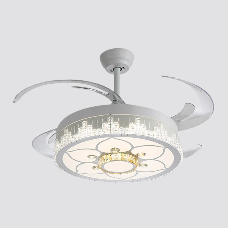Luminaire rond nordique semi-encastré à 4 pales en cristal pour salon, lampe à ventilateur suspendue à LED en blanc, 19" d...