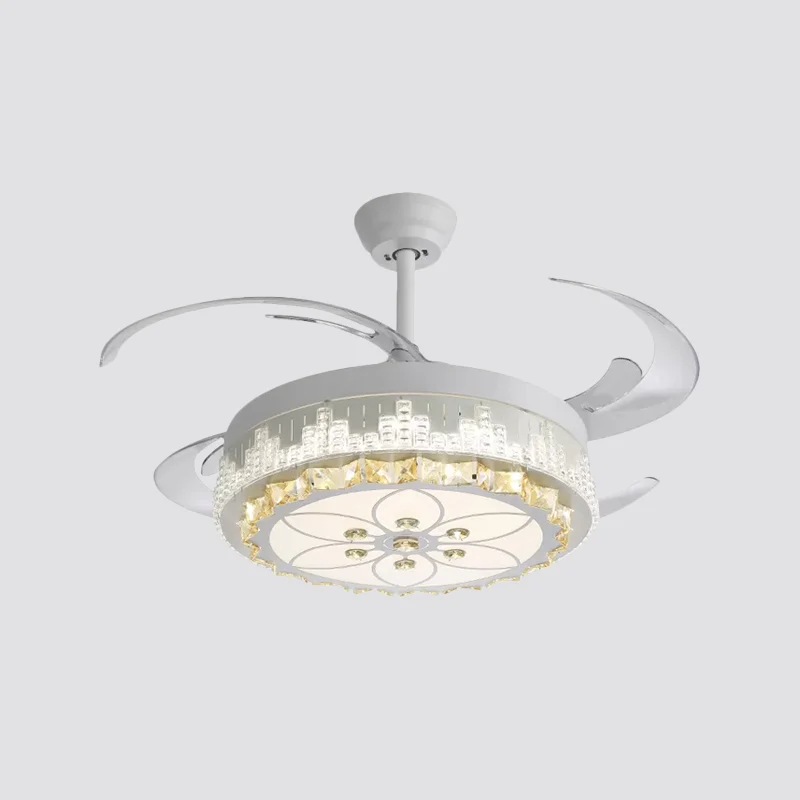 Luminaire rond nordique semi-encastré à 4 pales en cristal pour salon, lampe à ventilateur suspendue à LED en blanc, 19" d...