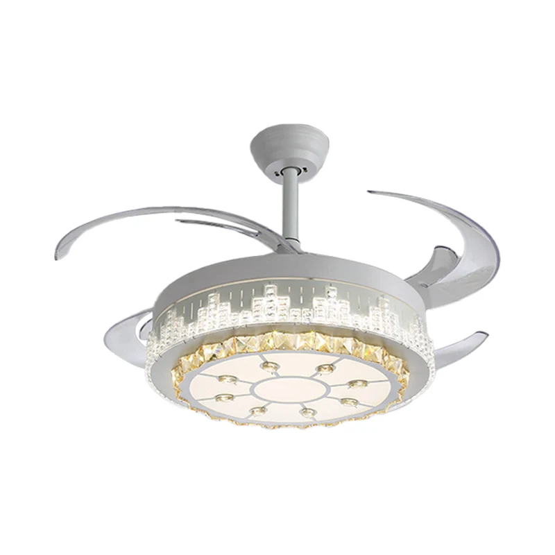 Luminaire rond nordique semi-encastré à 4 pales en cristal pour salon, lampe à ventilateur suspendue à LED en blanc, 19" d...