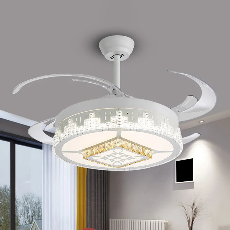 Luminaire rond nordique semi-encastré à 4 pales en cristal pour salon, lampe à ventilateur suspendue à LED en blanc, 19" d...