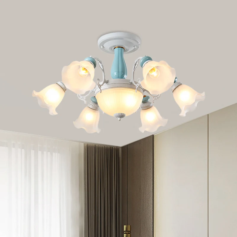 Luminaire semi-encastré à 8 ampoules, plafonnier en verre blanc à fleurs de style colonial avec détails en céramique Clear...