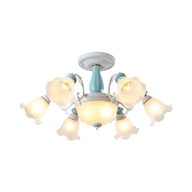 Luminaire semi-encastré à 8 ampoules, plafonnier en verre blanc à fleurs de style colonial avec détails en céramique Clear...