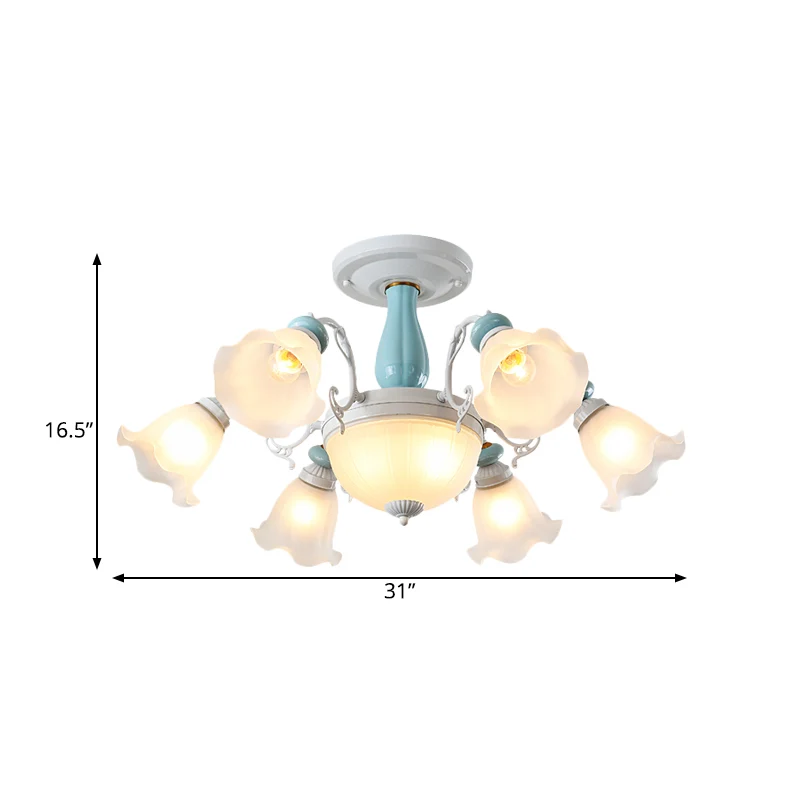 Luminaire semi-encastré à 8 ampoules, plafonnier en verre blanc à fleurs de style colonial avec détails en céramique Clear...