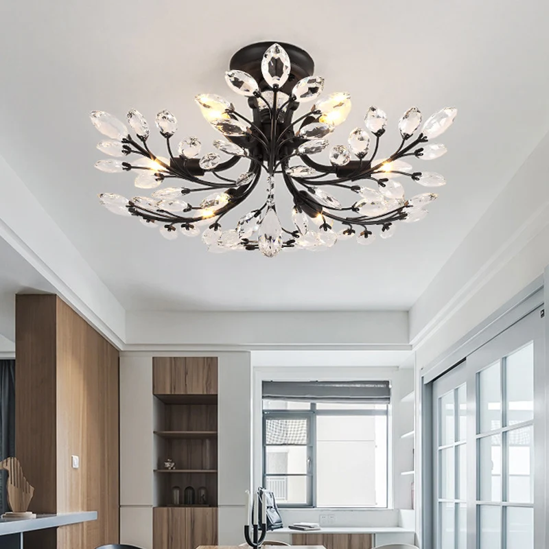 Luminaire semi-encastré à branche noire avec feuille de cristal, plafonnier moderne en métal à 6/8/10 lumières Clearhalo