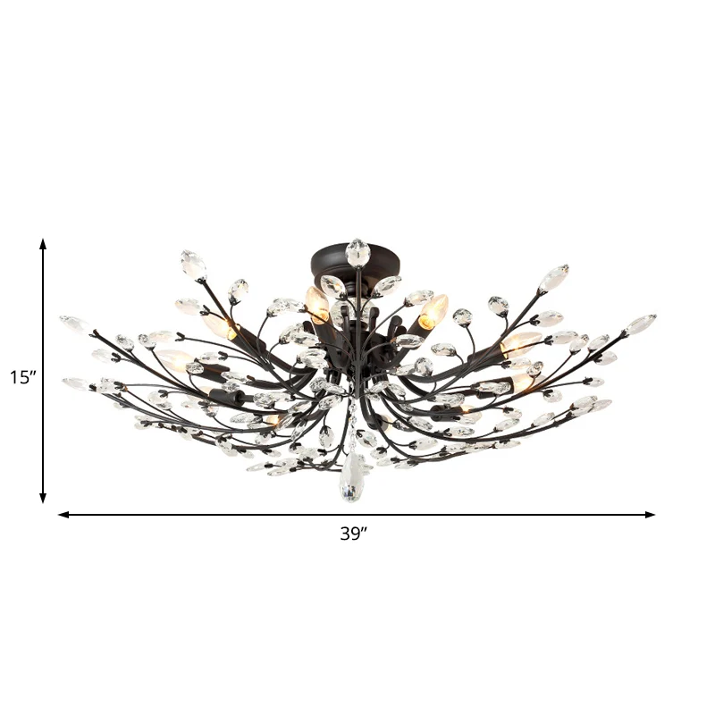 Luminaire semi-encastré à branche noire avec feuille de cristal, plafonnier moderne en métal à 6/8/10 lumières Clearhalo