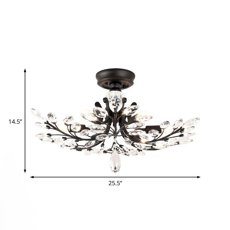 Luminaire semi-encastré à branche noire avec feuille de cristal, plafonnier moderne en métal à 6/8/10 lumières Clearhalo