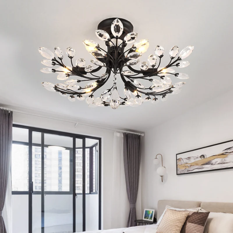 Luminaire semi-encastré à branche noire avec feuille de cristal, plafonnier moderne en métal à 6/8/10 lumières Clearhalo