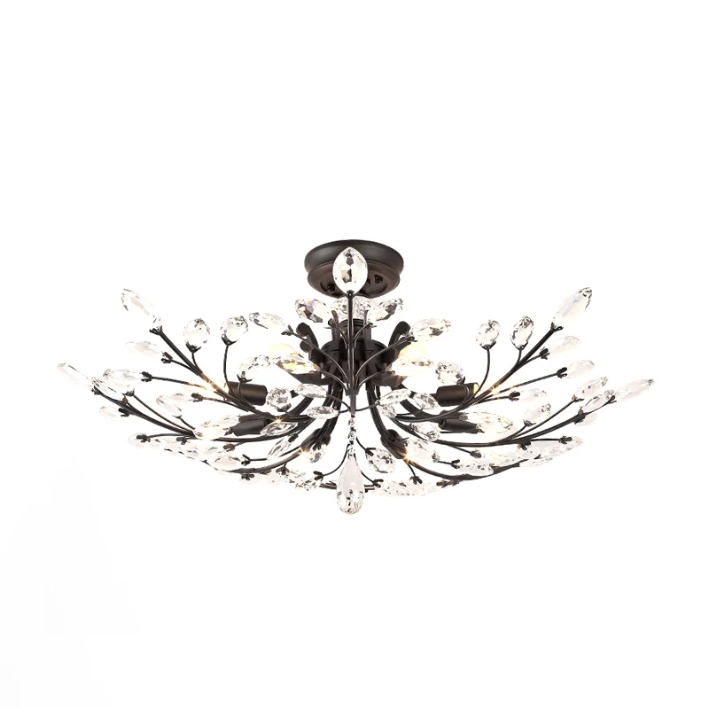 Luminaire semi-encastré à branche noire avec feuille de cristal, plafonnier moderne en métal à 6/8/10 lumières Clearhalo