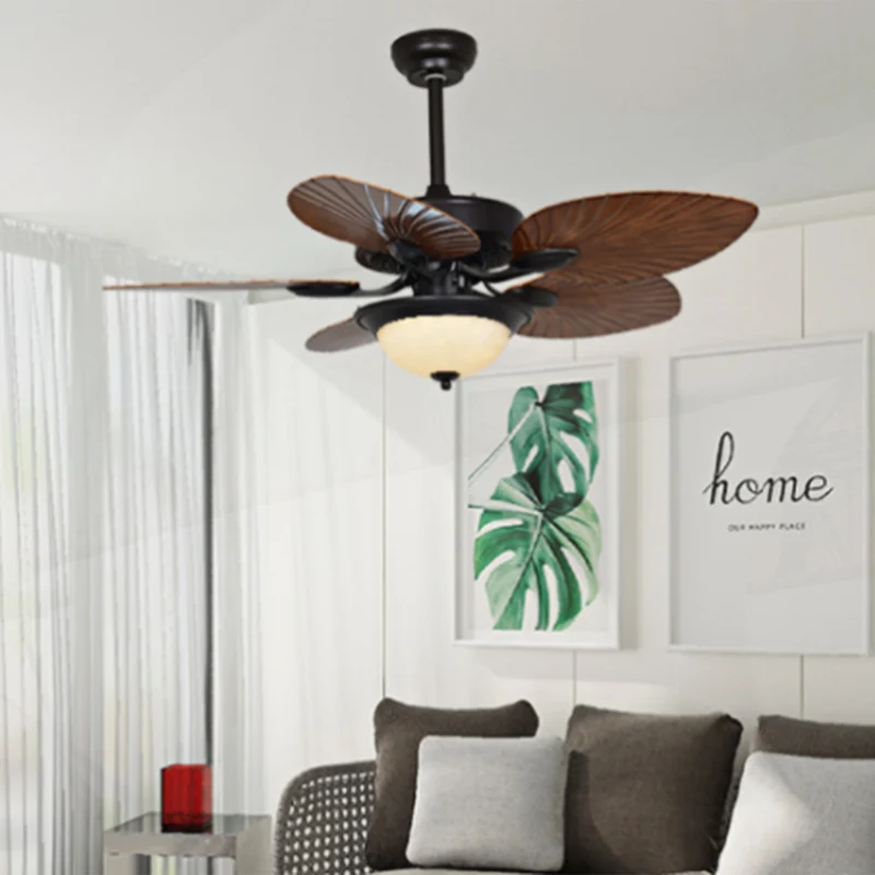 Luminaire semi-encastré à dôme LED de 42 po de W, lampe de plafond vintage en verre noir et blanc avec 5 pales en bois en...
