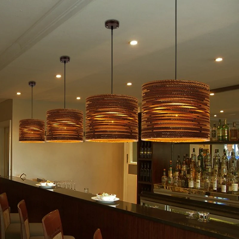 Luminaire suspendu de bistro à 1 ampoule, pendule marron rustique avec abat-jour en papier ondulé géométrique/cylindre/ven...