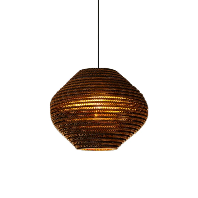 Luminaire suspendu de bistro à 1 ampoule, pendule marron rustique avec abat-jour en papier ondulé géométrique/cylindre/ven...