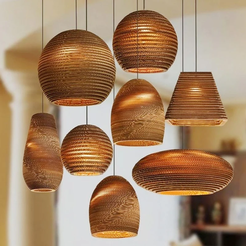 Luminaire suspendu de bistro à 1 ampoule, pendule marron rustique avec abat-jour en papier ondulé géométrique/cylindre/ven...