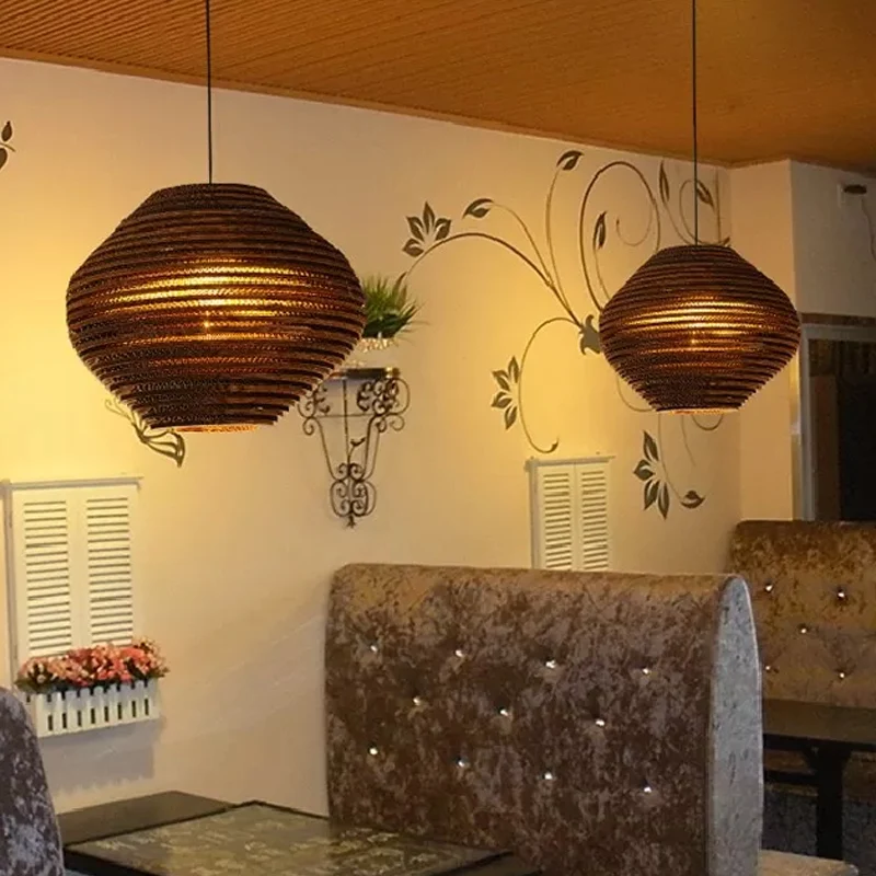 Luminaire suspendu de bistro à 1 ampoule, pendule marron rustique avec abat-jour en papier ondulé géométrique/cylindre/ven...