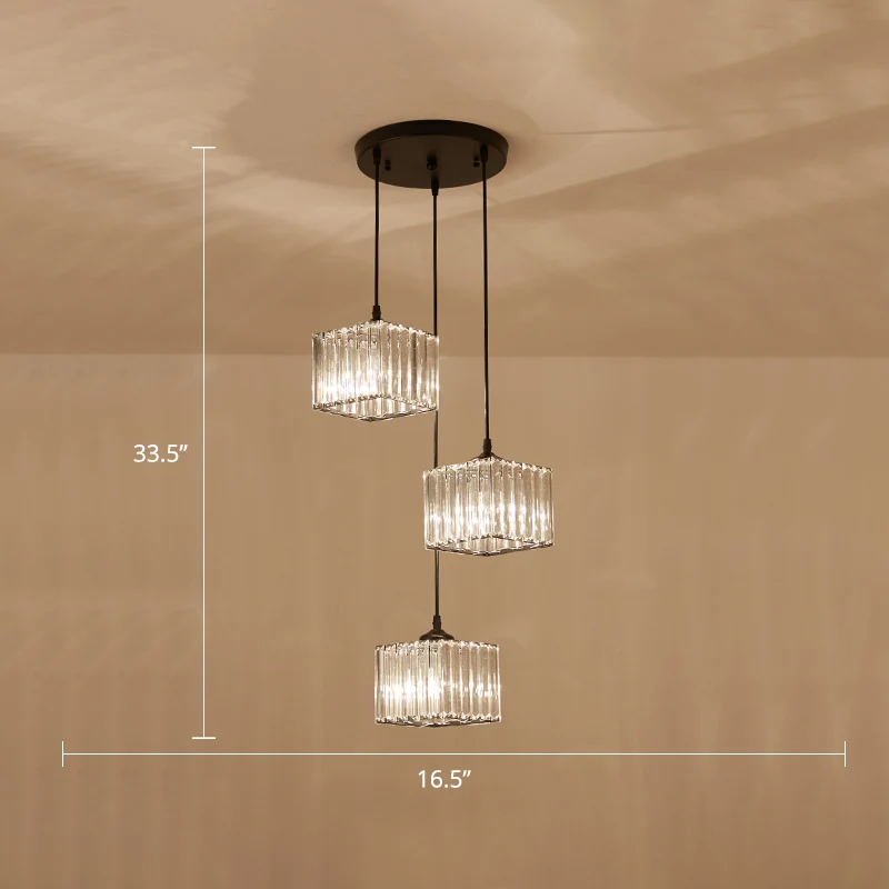 Luminaire suspendu carré en grappe de cristal Simplicity, plafonnier à 3 ampoules pour salle à manger, noir Clearhalo