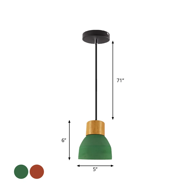 Luminaire suspendu cône/bol en ciment Macaron, lampe à suspension verte/rouge à ampoule unique avec dessus en bois Clearhalo