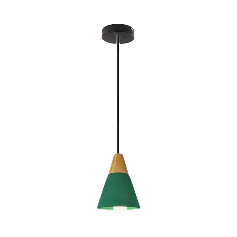 Luminaire suspendu cône/bol en ciment Macaron, lampe à suspension verte/rouge à ampoule unique avec dessus en bois Clearhalo