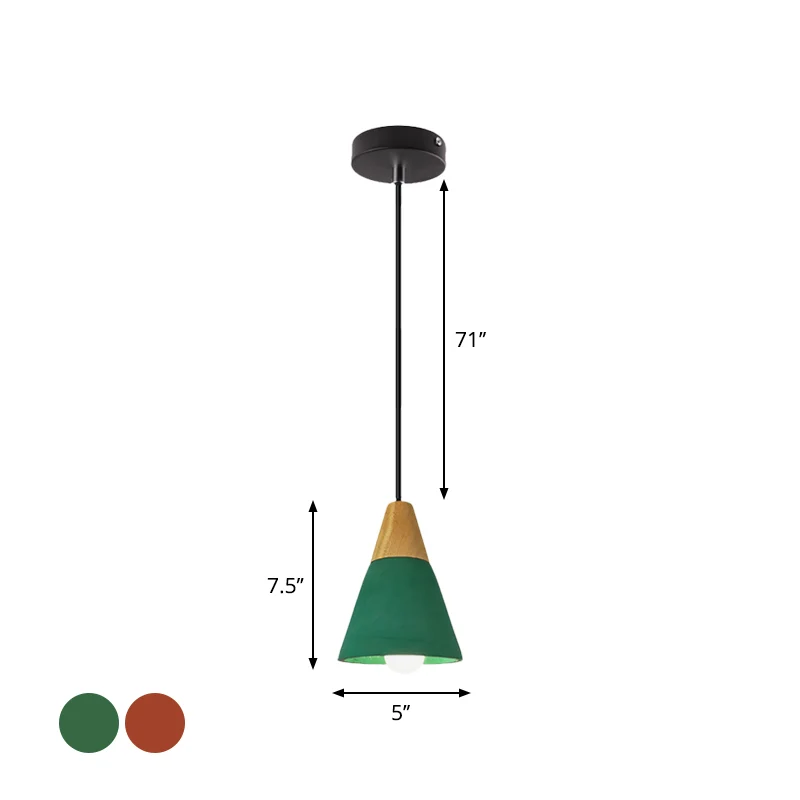 Luminaire suspendu cône/bol en ciment Macaron, lampe à suspension verte/rouge à ampoule unique avec dessus en bois Clearhalo