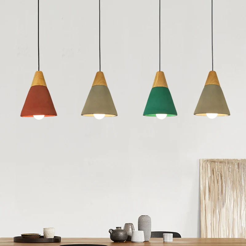 Luminaire suspendu cône/bol en ciment Macaron, lampe à suspension verte/rouge à ampoule unique avec dessus en bois Clearhalo